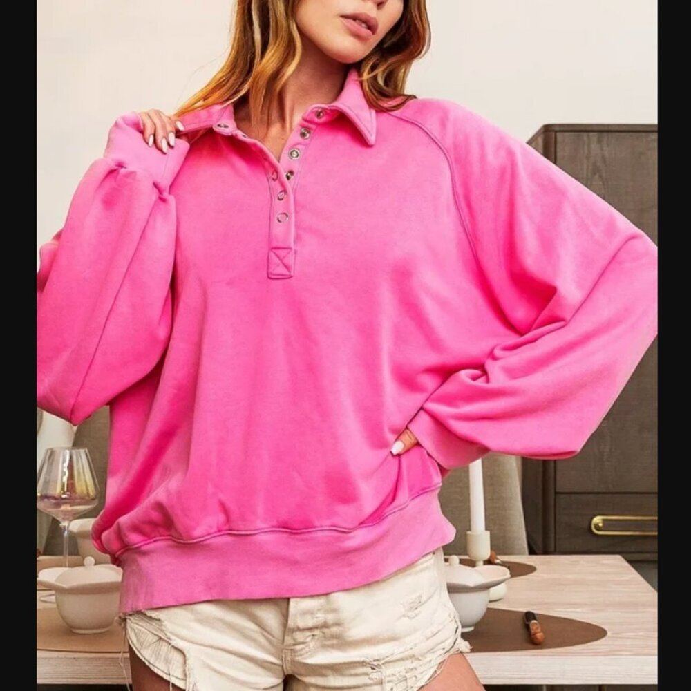 NWT - Snap Button Collared Sweatshirt - Pink